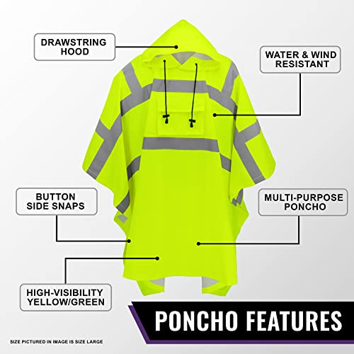 GGS Rain Poncho - High Visibility, Reflective, Wind and Waterproof with Drawstring Hood, Rain Gear for Construction, Camping, Fishing, Hiking, One Size