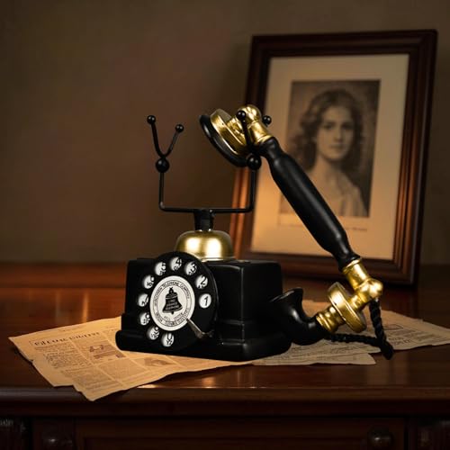 Image of Spiaty Resin Vintage Rotary Decorative Telephone for Home Living Room, Black and Gold, Decorative Desk Phone with Bell Logo Non-Working, Classic Design