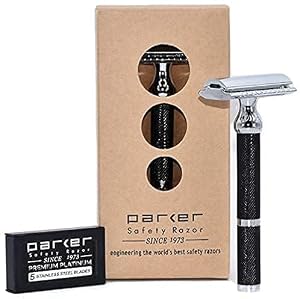 Parker 71R Medium Weight Long Handle Double Edge Safety Razor with 5 Parker Platinum Stainless Steel Razor Blades