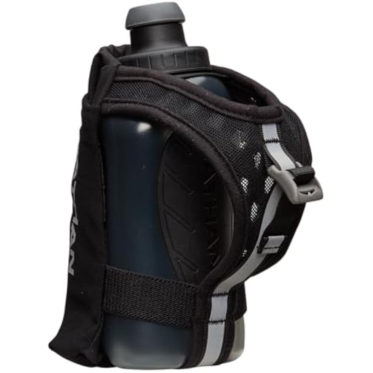Nathan SpeedDraw 2 Insulated Handheld Running Water Bottle Flask Double-Wall Insulation, Ergonomic Grip, Blast Valve Cap, Phone & Key Storage Pockets, Reflective Design - 12oz, Black