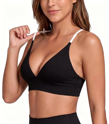Sunzel Women's Deep V Neck Cross Back Adjustable Contrast Straps Sports Bra — view 3