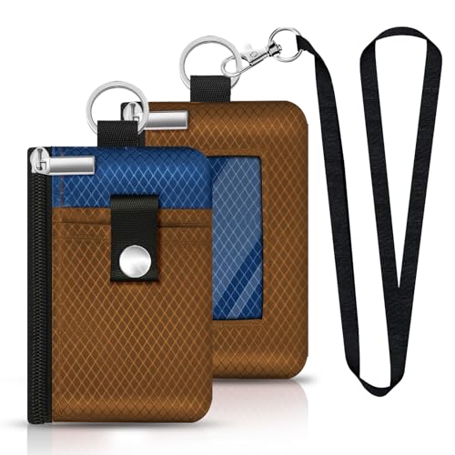 Image of Minimalist RFID Blocking Small Wallet with ID Window,WaterResistant Zip Id Case Wallet with Lanyard Keychain for Cards,Cash,Travel,Women,Men (Brown /Electric Blue)