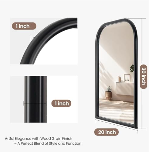 Image of Arch Wall Mirror for Wall Mounted, Tempered Glass, Wood Grain Finish Frame Wall Mirror Decorative for Bedroom Living Room Vanity Mirror (Black, 30 inch L x 20 inch W)