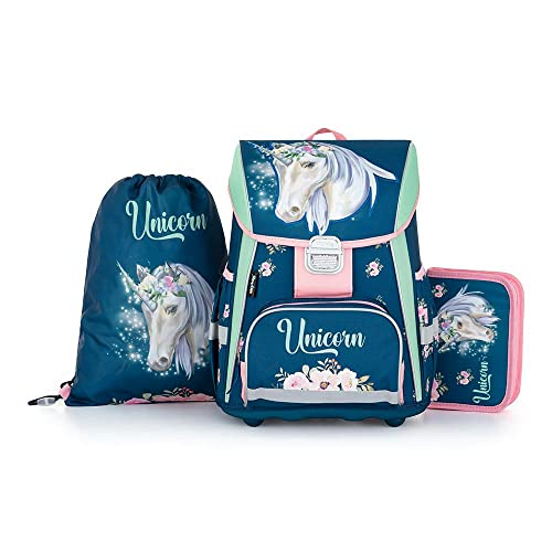 SCOOLSTAR Schulranzen Einhorn Mädchen 1 Klasse Tornister Schulrucksack Schultasche SET 3 teilig inkl. Federmäppchen und Sportbeutel für Grundschule super leicht !