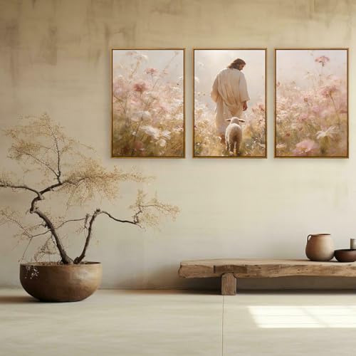 QTUSYUR Shepherd Jesus Wall Art, Framed Bible Jesus Lamb Floral Art Print by QTUSYUR - Used condition - Image 3