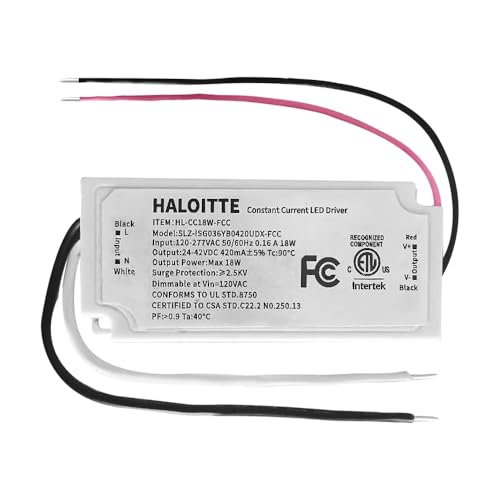 Haloitte 18W Constant Current LED Driver, 120-277Vac to 24-42Vdc, TRIAC Dimmable at 120 Volt, Isolated Class 2 IP65 Waterproof Power Supply for LED Light Bars & String Lights, ETL FCC Listed, 1PK