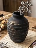 NiHome 6.7' Ribbed Ceramic Vase - Farmhouse Decorative Flower Vase for Fresh or Dried Florals, Vintage Textured Bud Vase for Table, Shelf & Entryway Decor (Black)