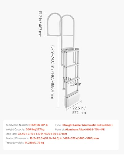Image of VEVOR Retractable Dock Ladder, 4 Steps, Aluminum Alloy Pontoon Boat Swim Ladder with Auto-Lift Float, Non-Slip Wide Steps, 500 lbs Weight Capacity, Adjustable Height, for Lake Pool Marine Boarding