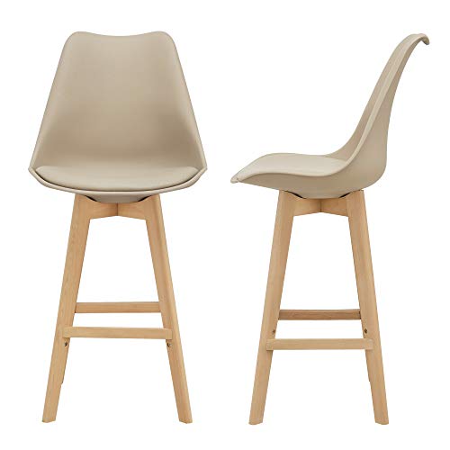 [en.casa] Lot de 2 Tabourets de Bar avec Dossier et Repose-Pied Siège Rembourré Plastique Similicuir Hêtre 105 x 48 x 58 cm Beige