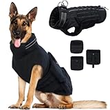 Dora Bridal Dog Winter Coat with Harness Built in, Large Dogs Warm Windproof Reflective Dogs Jacket, Pet Vest with Molle Panels and 3 Pouches for Male Dog, Black, 2XL