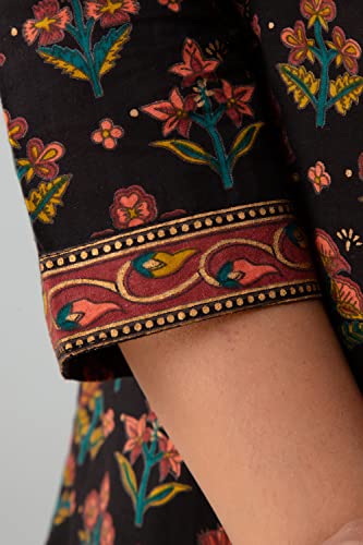 Image of Rapsodia Women Cotton Black Floral Printed Short Kurti, Jaipuri Gold Printed Tunic for Girls and Women's