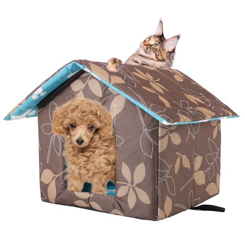 Outdoor Cat House Water Oxford Cloth Warm Cat House Removable Foldable, Outdoor Houses for Feral Cats Dogs (Leaf Pattern, Large House)