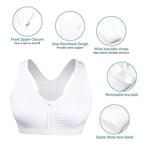 Women's Zip Front Sports Bra - Wireless, Padded, Post-Surgery, Racerback, Workout & Yoga Bra Top 2 Pack
