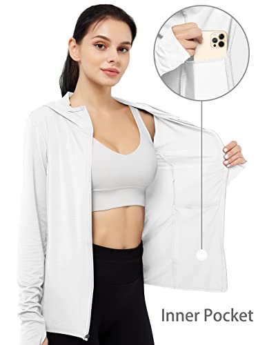 Dpowien Women's Athletic Jacket Lightweight Long Sleeve Upf 50+ Hiking Shirts Full Zip Sun Protection Hoodie With Pockets White #TOP2