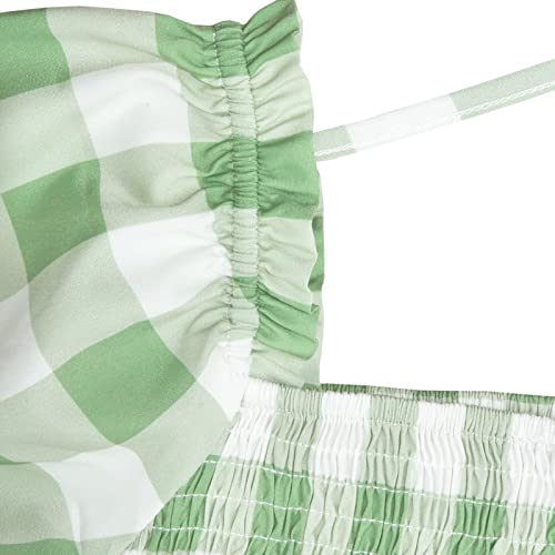 Eiay Shop Girls Floral Casual Dress Puff Sleeve Plaid Smocked Dresses Square Neck For 7-12 Years Green Grid L #TOP3