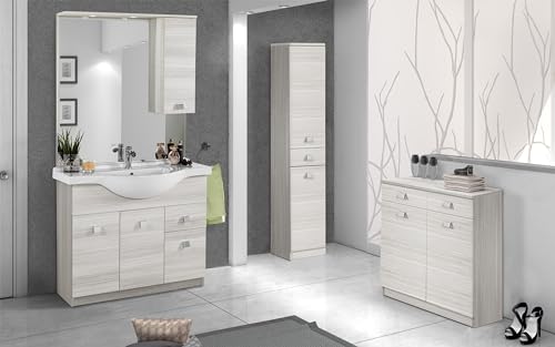 Mueble de baño 'Missy' acabado olmo blanco compuesto por: seccional baño cm. 105 x 45 x 190 (base, lavabo, espejo, gabinete) - columna 2 puertas cm. 69 x 34 x 150 cm. Mueble con puerta y cajón.