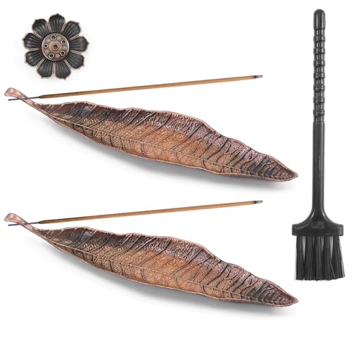 2 soportes para incienso de bronce, hojas de metal, quemador de incienso, cenizas adecuado para varillas de incienso, ideal para decoración de interiores, incluye mini escoba, 1 soporte para incienso