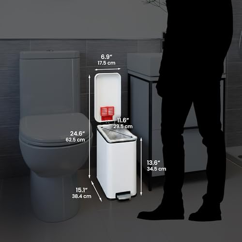 Image of iTouchless 3 Gallon Small Wastebasket for Bathroom with Lid, Deodorizer, Soft-Step Stainless Steel Slim Garbage Bin, 11.5L White Small Trash Can, Step Pedal, Minimalist Nursery Decor for Clinic & Spa