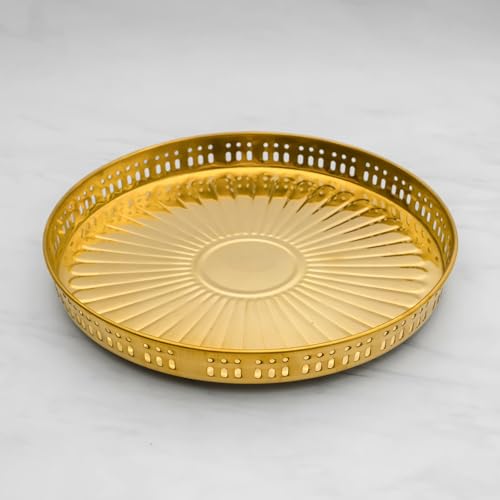 Image of Mkd2 Rise Brass Puja Thali Set (12 inch, Gold) - Set of 10 Pieces | Traditional Pooja Thali Plate | Puja Set for Home Decor, Temple, Office, Wedding and Return Gifts