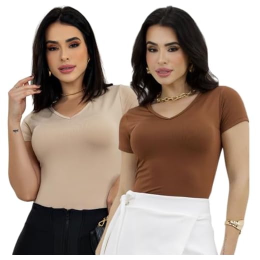 Kit 2 Blusa Feminina Gola V Baby Look Casual Lisa Suplex (BR, Alfa, Único, Regular, Nude e Marrom)