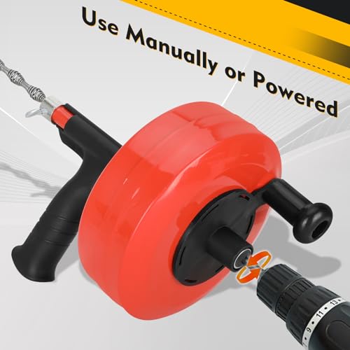 50 Foot Drain Auger,Use Manually or Drill Powered,Heavy Duty Flexible Plumbing Snake,With Gloves and Storage Bag,for Kitchen Sink, Shower Drain,Drainage Pipes