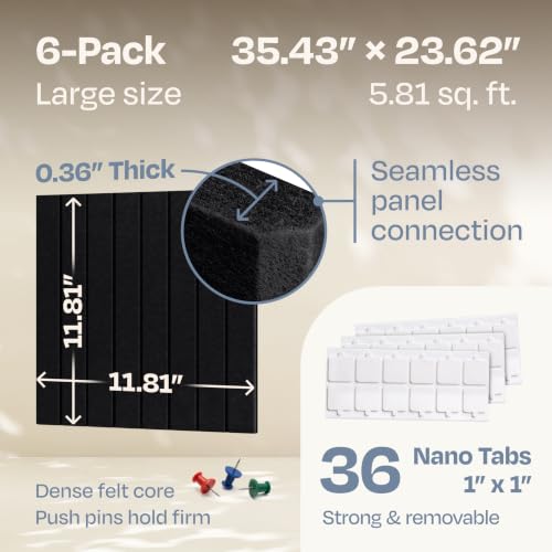 Image of Large Cork Board Alternative 6-Pack Felt Bulletin Board Thick and Decorative Pin Board for Home Office Walls 35.43 x 23.62 Inches with 36 Adhesive Tabs - [Deep Black]