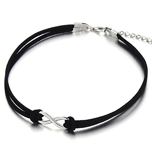 COOLSTEELANDBEYOND Ladies Womens Black Choker Necklace with Small Infinity Love Charm Pendant