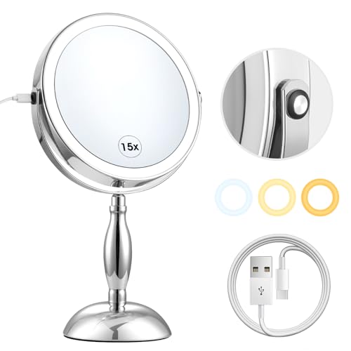 DASLAVA Lighted Makeup Mirror, Rechargeable 8" 3 Color Vanity Mirror, 15x Magnifying Mirror with Brightness Adjustable, 360° Rotation Double Sided Desk Mirror, STC- Side Charging & Side Touch Switch DASLAVA Lighted Makeup Mirror, Rechargeable 8" 3 Color Vanity Mirror, 15x Magnifying Mirror with Brightness Adjustable, 360° Rotation Double Sided Desk Mirror, STC- Side Charging & Side Touch Switch