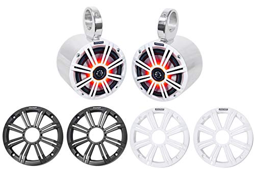 Image of KICKER (2) 45KM654L 6.5 inch 390w Marine LED Speakers w /Charcoal with White Grilles KM65 Bundle with 2 Rockville 6.5 inch Polished Silver Aluminum Wakeboard Tower Speaker Enclosures