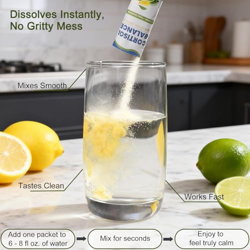 Image of Cortisol Calm Drink Mix with Magnesium Glycinate Powder, L-Theanine, Vitamins, and Ashwagandha for Relaxation & Focus | Adaptogen Drink & Cortisol Support | 30 Packets (Lemon & Lime Flavor)