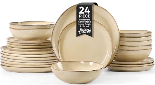 Herogo Dinnerware Sets for 8, 24pcs Stoneware Dinner Dish Set, Irregular Handmade Plates and Bowls Dishware, Microwave & Dishwasher Safe, Cream Khaki