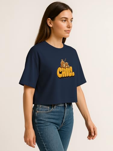 Image of HELLCAT Beige Printed Loose Fit Crew-Neck Crop T-Shirt for Women