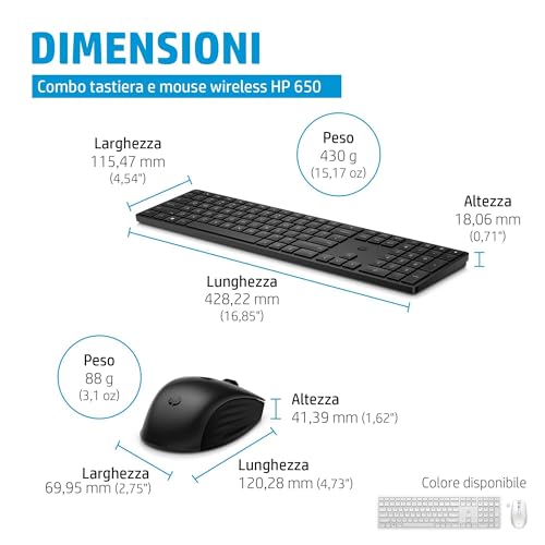 HP 650 Tastiera e Mouse Wireless con Dongle USB-A a 2,4 GHz, 20 Tasti programmabili, Piedini Regolabili con 6 Gradi Inclinazione, Tastierino Numerico, Mouse fino a 4000 DPI Personalizzabili, Bianca - 9