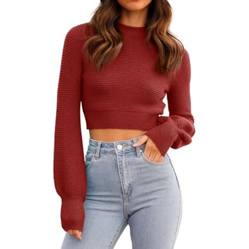 Womens Sexy Crew Neck Cropped Sweaters Knit Long Sleeve Crop Tops Pullover