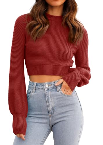 Image of Womens Sexy Crew Neck Cropped Sweaters Knit Long Sleeve Crop Tops Pullover | Ribbed Knit, Long Sleeve, Crop Tops, Pullover,Crew Neck