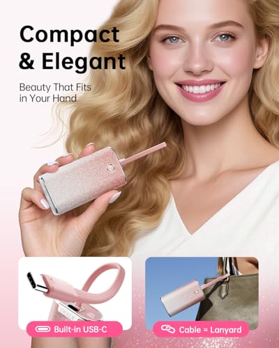 Image of iWALK Sparkly 10000mAh Portable Charger, 22.5W Fast Charging Small Power Bank with Built-in USB-C Cable, Diamond Glitter Ultra-Compact Battery for iPhone 17 /17 Pro /16 /16 Pro /15, Samsung,ShinyPink
