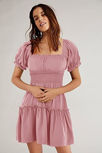 Image of Womens Babydoll Mini Dress Casual Square Neck Short Sleeve Summer Dresses | Empire Waist, Smocked, Flowy, Short Beach Dress, Vacation, Floral, Boho