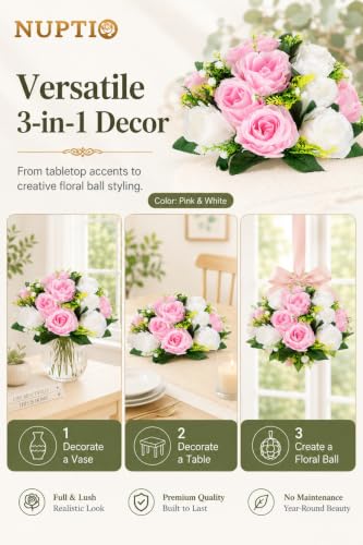 Image of NUPTIO Pink & White Flower Balls: Artificial Rose Centerpieces for Tables