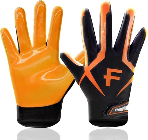 FINGER TEN American Football Receiver Handschuhe für Youth Jungen Mädchen, Torwarthandschuhe Impact Palm Protection , Wasserdicht Gloves Fit Kinder Alter 5-14 (Orange, M)