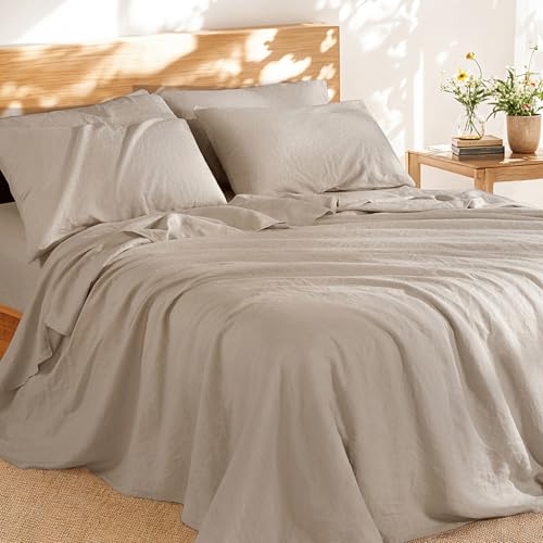 Shilucheng 100% French Linen Sheets - King Size Bed Sheets, Breathable & Cooling Pure Linen Sheets,Soft Durable and Tear Resistant -16 Inch Deep Pocket - 6Pcs (Linen, King)
