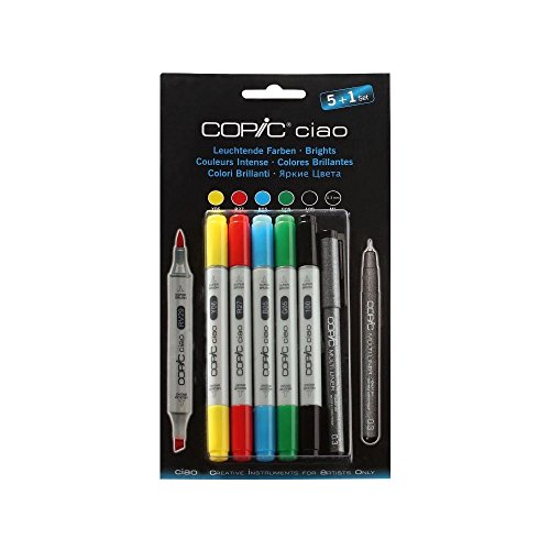 COPIC Ciao Coloured Marker Pen - 5+1 Set Bright Colours, for Art & Crafts, Colouring, Graphics, Highlighter, Design, Anime, Professional & Beginners, Art Supplies & Colouring Books