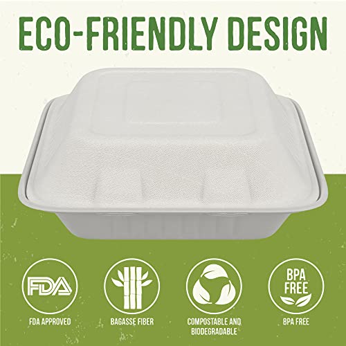 MeddMax Compostable Bagasse Clamshell Take out Containers | Natural Disposable Food Containers | Eco-Friendly & Biodegradable | Made of Sugar Cane Fibers | 8” x 8” – 200 Pack