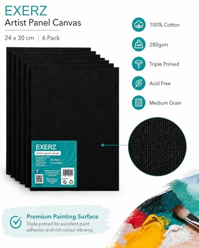 Miniatura 3 de Exerz 24x30cm Paneles De Lienzo Negro 6 Piezas - 0,3 Cm De Espesor 280gsm Lienzos 100 Algodón Triple Preparado Libre De Acido Hebra Media - Acrílicos Óleo