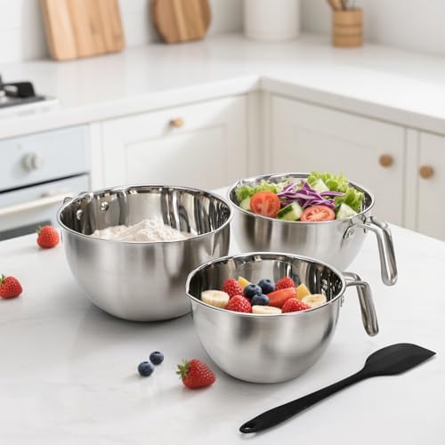 Suwimut 3 Pieces 304 Stainless Steel Mixing Bowls, 1.3/2.1/2.6 Quart Mixing Bowl Set with Handle, Pour Spouts & Measurement Marks, Metal Nesting Bowls with Silicone Spatula for Baking Cooking - Thumbnail 4
