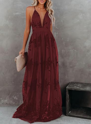 Dokotoo Womens Long Formal Evening Party Prom Dress Bridesmaid Wedding Guest Dress Embroidered Mesh Sexy Deep V Neck Spaghetti Straps Backless Elegant Sexy High Waisted Maxi Lace Dress Red Small thumb #6