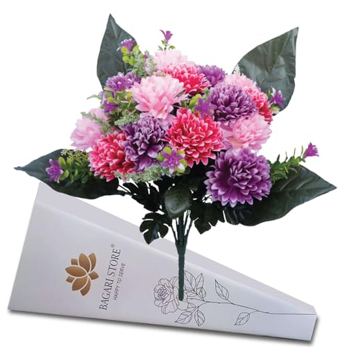Bagari Artificial Flowers, Large Mixed Bush Grave Cemetery Flowers, 41cm Funeral Fake Flowers for Memorial Decoration, Hot Pink - Ivory & Wine Graveside Flowers for Outdoor & Indoor Floral Decoration