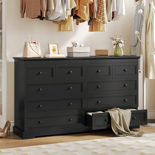 10-Drawers-Dresser-Black-Large-Chest-of-Drawers-55-Long-TV-Stand-DresserWide-Dresser-Storage-Organizer-for-Bedroom-Living-Room-551-W-x-350-H-x-158-D 10 Drawers Dresser Black Large Chest of Drawers 55 Long TV Stand DresserWide Dresser Storage Organizer for Bedroom Living Room 551 W x 350 H x 158 D