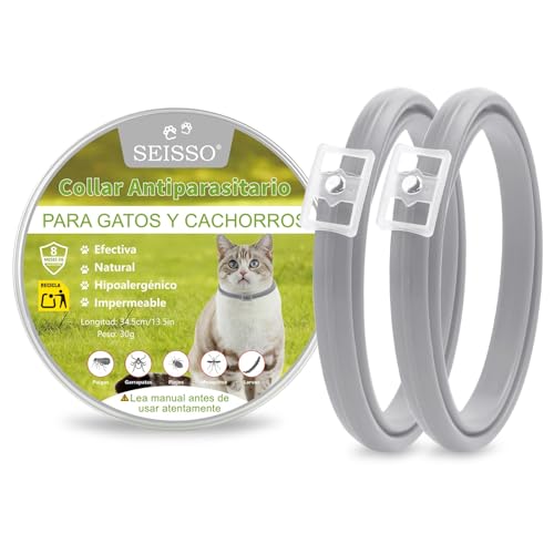 SEISSO 2 Collares Antipulgas para Gatos, Set de 2 Collar contra Pulgas y Garrapatas con 6-8 Meses de Protección, Collar Antiparasitario de 34.5 cm Ajustable para Perros Pequeños y Gatos, Gris