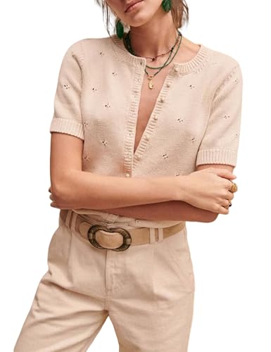 Bianstore Women's Casual Short Sleeve Crewneck Button Down Cardigan Sweater Crochet Knit Top