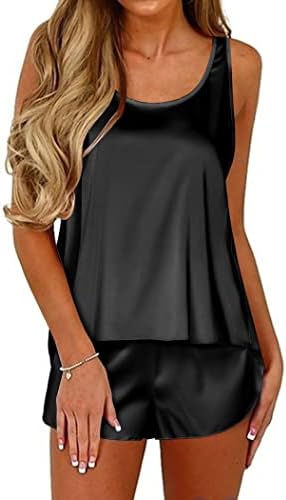 Ekouaer Womens Satin Pajamas Set Back Split Top and Shorts Silk Pj Set Tank Sleepwear S-XXL A-black